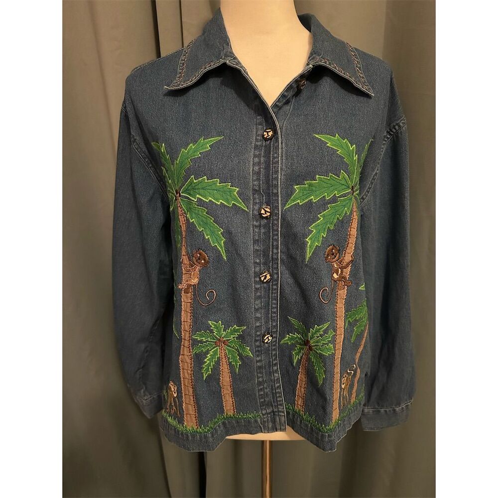 Chelsea & Theodore Women's Denim Shirt Jacket Embroidered Monkeys S
